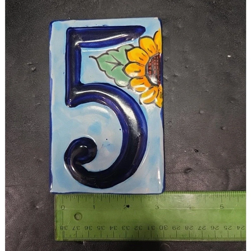 Talavera Sunflower House Number Tile, High‎ Relief #5, Mexican Address Plaque